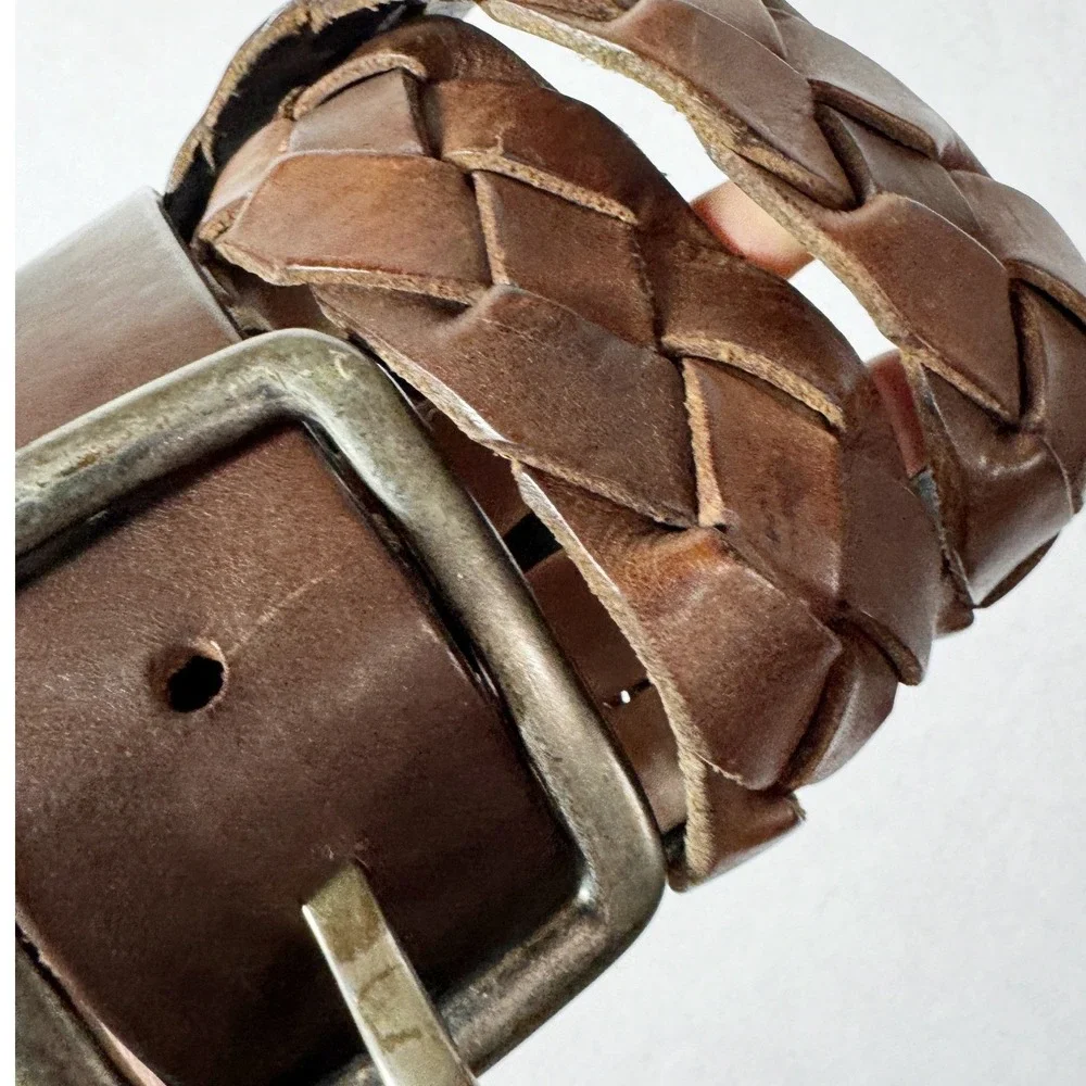 Y2K Abercrombie Fitch Mens Belt Wide Brown Braided Woven Leather Silver Buckle